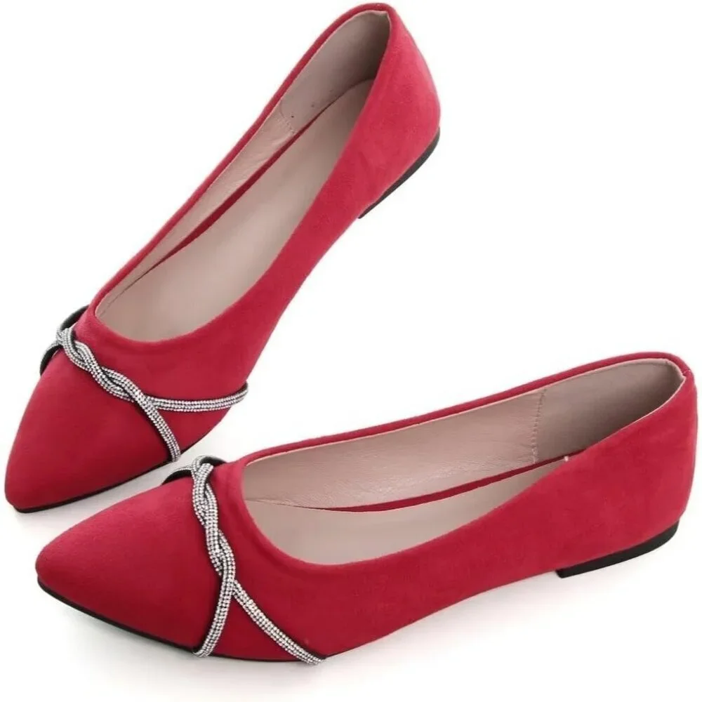 Women's Red Casual Flats Fashion Chain Pointed Toe Ballet Flat Rhinestone